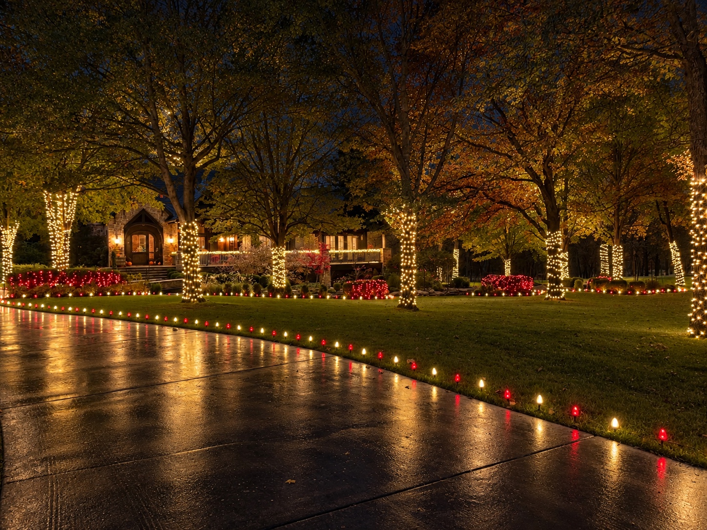 Trees wrapped in warm lights and festive lawn lighting